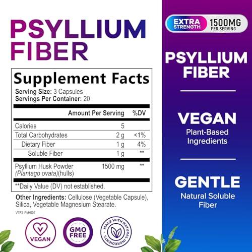 Nature\'s Peak Psyllium Husk Powder Caps 1500mg - Non-GMO, Natural Soluble Fiber for Daily Digestive Health & Regularity Support, Vegan Psyllium Fiber Supplement with Plant Based Fiber, Sugar Free - 60 Capsules