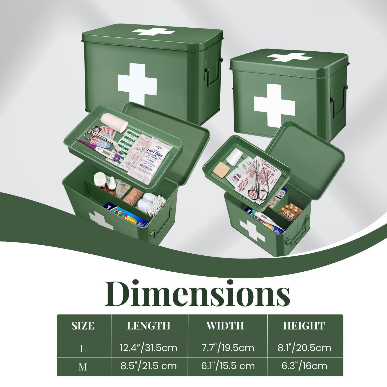 Flexzion Flexzion First Aid Box Organizer, Empty 8.5 Inch Green Vintage First Aid Kit Tin Metal Medical Box First Aid Storage Box Container Bins with Dividers, Removable Tray and Cross Logo