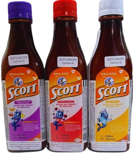 Generic Emulsin de Scott 3 Pack Combo Cod Liver Oil (Traditional, Cherry, Tropical Fruit Flavors) - 180ml Each