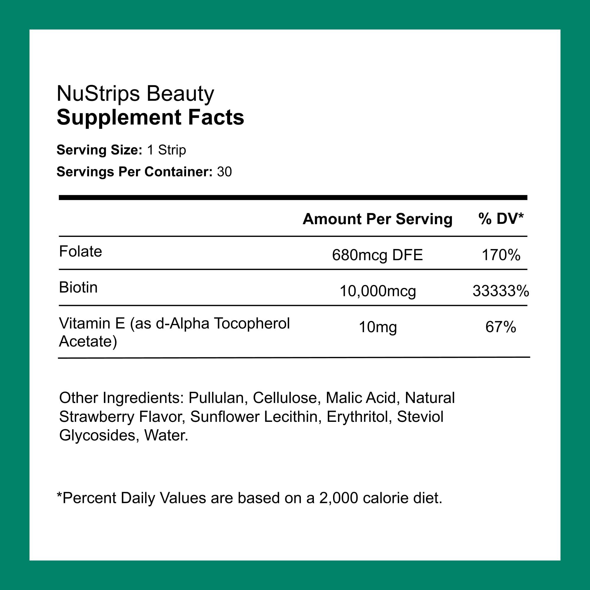 NuStrips NuStrips Beauty | Strawberry Flavored Oral Strips with Biotin, Folate and Vitamin E | Vitamins for Hair, Skin & Nails | Maximum Absorption, Fast Results | 30 Individually Wrapped Strips