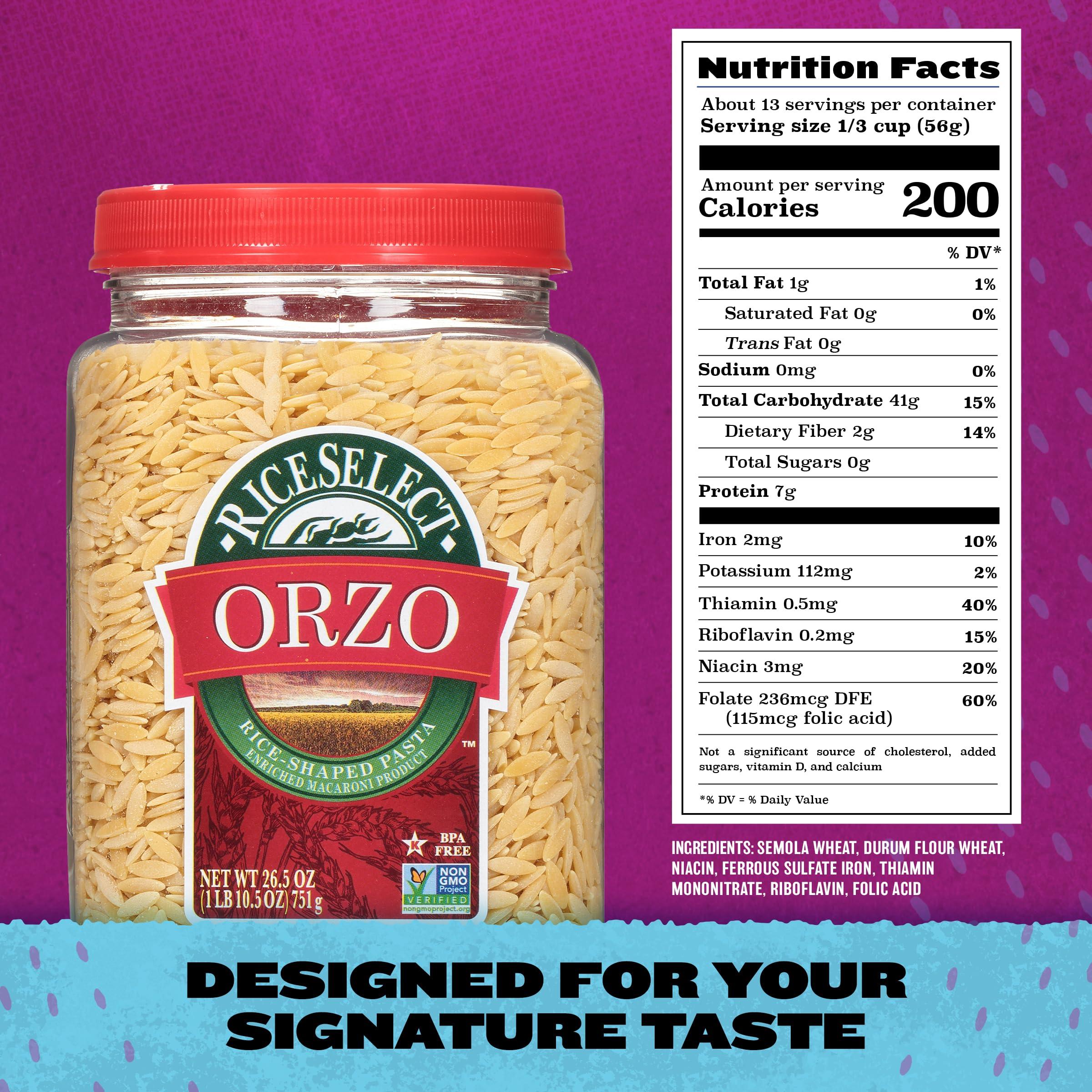 RiceSelect RiceSelect Orzo Rice-Shaped Pasta, Premium Non-GMO Orzo Pasta, 26.5-Ounce Jar