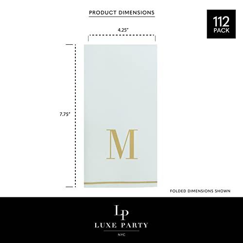 LUXE PARTY Luxe Party 112 Pack Monogram Napkins | Letter M Initial | Disposable | Premium Airlaid | Linen Feel | Decorative Table Setting | Guest Towel Napkin | White and Gold