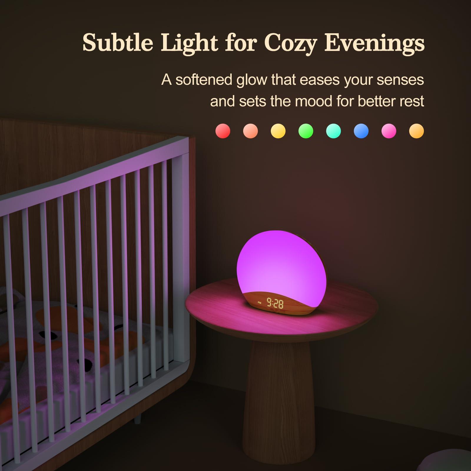 REACHER REACHER Wood Grain Sunrise Alarm Clock and Sound Machine Nightlight, Digital Dimmable Clock for Bedroom, 26 Sleep Sounds, White Noise Machine for Baby, Adults, Wake Up Light Alarm Clock for Kids