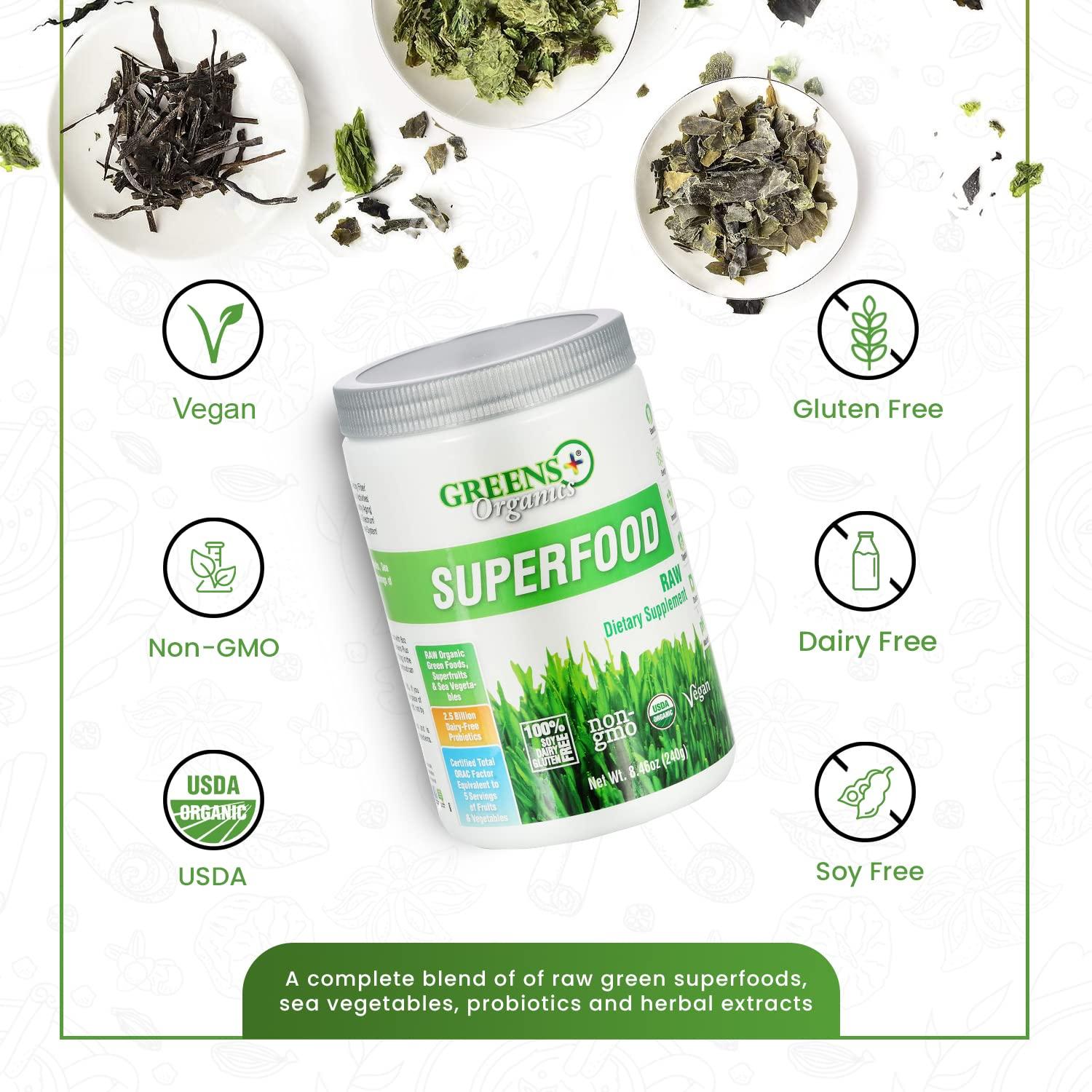 Greens+ Greens+ Organic RAW Superfood Powder, Super Blend Immune Support, Morning Kick, Energy Boost, Nutrition Vibrant Health, Dietary Supplement, Vegan Soy/Dairy/Gluten Free(8.46oz)