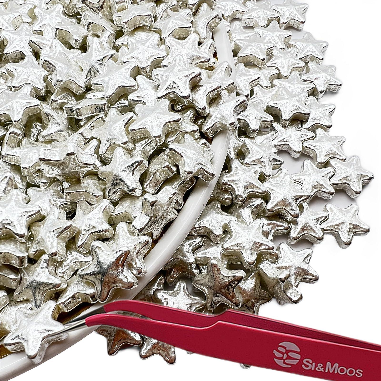 SE SI&MOOS SE Si&Moos Edible Silver Star Sprinkles Edible Silver Stars for Cake Decorating Silver Edible Stars Silver Sprinkles Large Star Sprinkles for Cake Decorating Silver Stars for Cookies Christmas Cookie Decorations 3 OZ with Tweezers