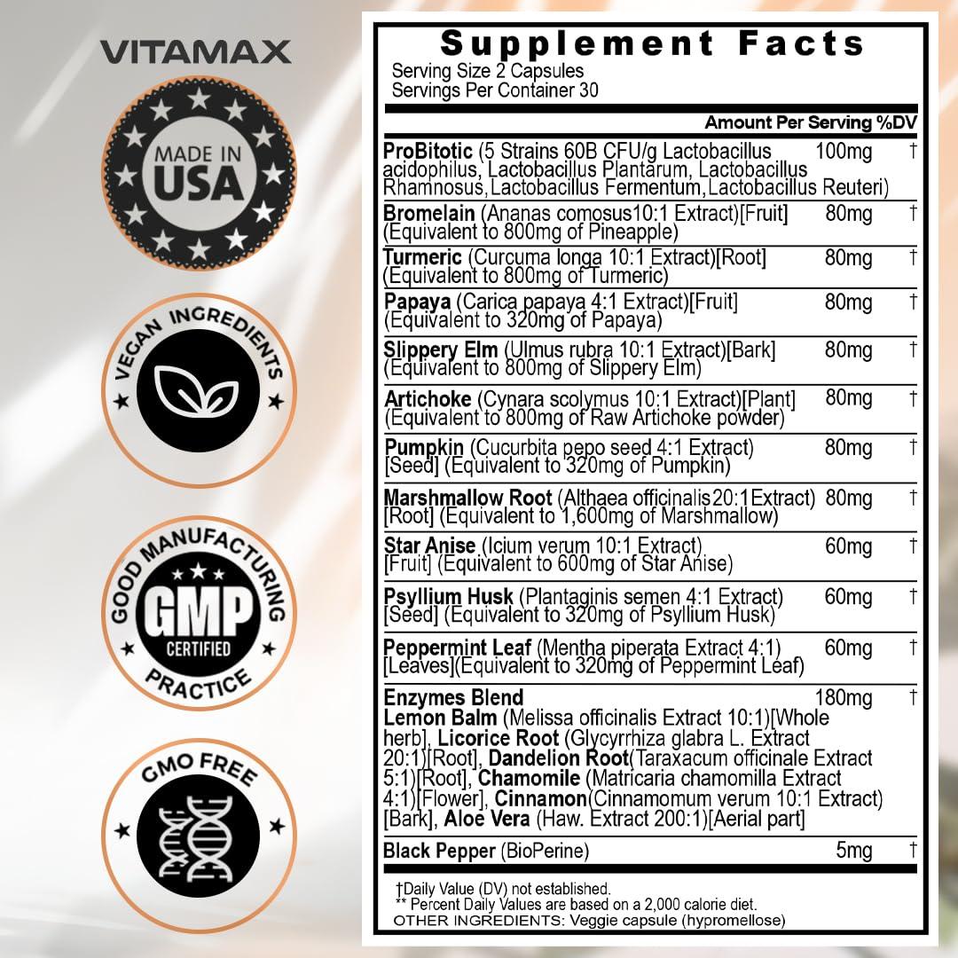 Vitamax Vitamax 60B Probiotic Digestive Gut Health Supplement - Slippery Elm, Coriander, Papaya, Turmeric, Ginger, Psyllium Husk, Licorice, Marshmallow Root - Men & Women - Made in USA (60 Count (Pack of 1)