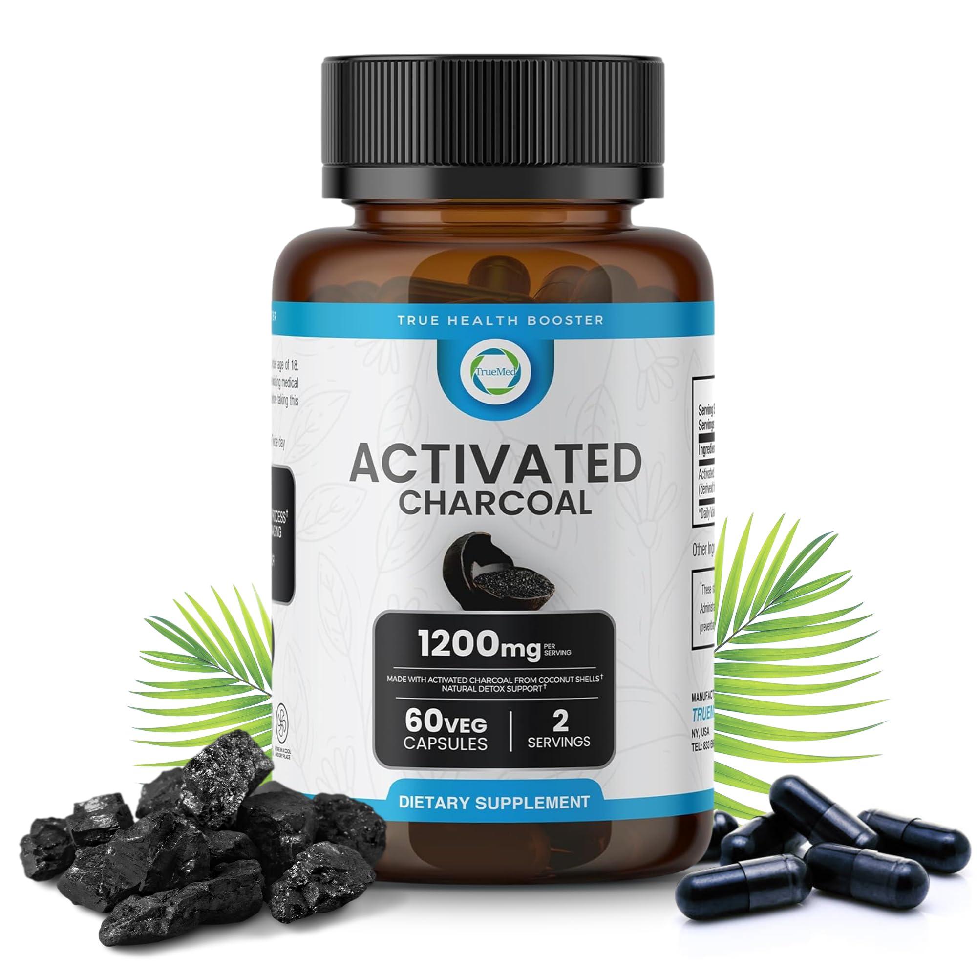 TRUEMED TRUEMED Activated Charcoal Organic Coconut Shell Derived Charcoal Capsule,1200mg, 60 Capsules, Support Detox & Digestive Health, Activated Charcoal Capsules for Health-Conscious Individuals