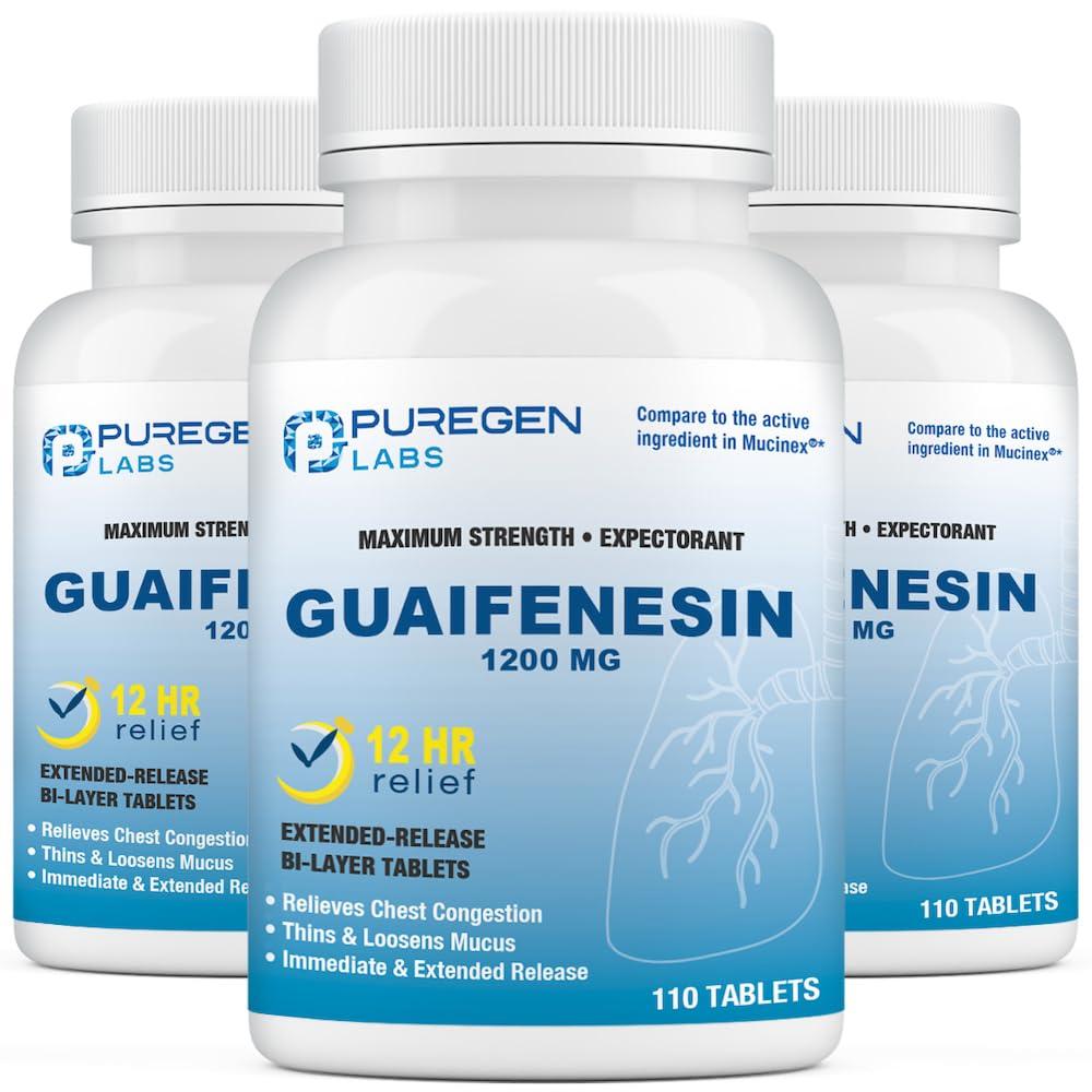 P Puregen Labs Puregen Labs Mucus Relief 12 Hour Extended Release Guaifenesin 1200mg Maximum Strength | Total 330 Tablets | Relief from Cough, Cold, Nasal & Chest Congestion | Expectorant | Extended Release