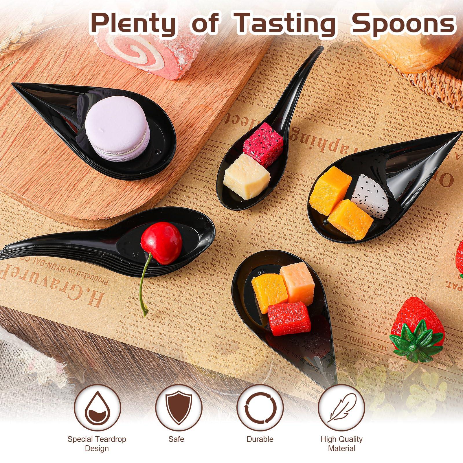Tessco Tessco 400 Pcs 4\'\' Mini Plastic Appetizer Spoons Plates Disposable Dessert Spoons Tear Drop Tasting Spoons Plastic Asian Soup Spoons for Dessert Sauces Sushi Ice Cream Food Parties, 2 Styles(Black)