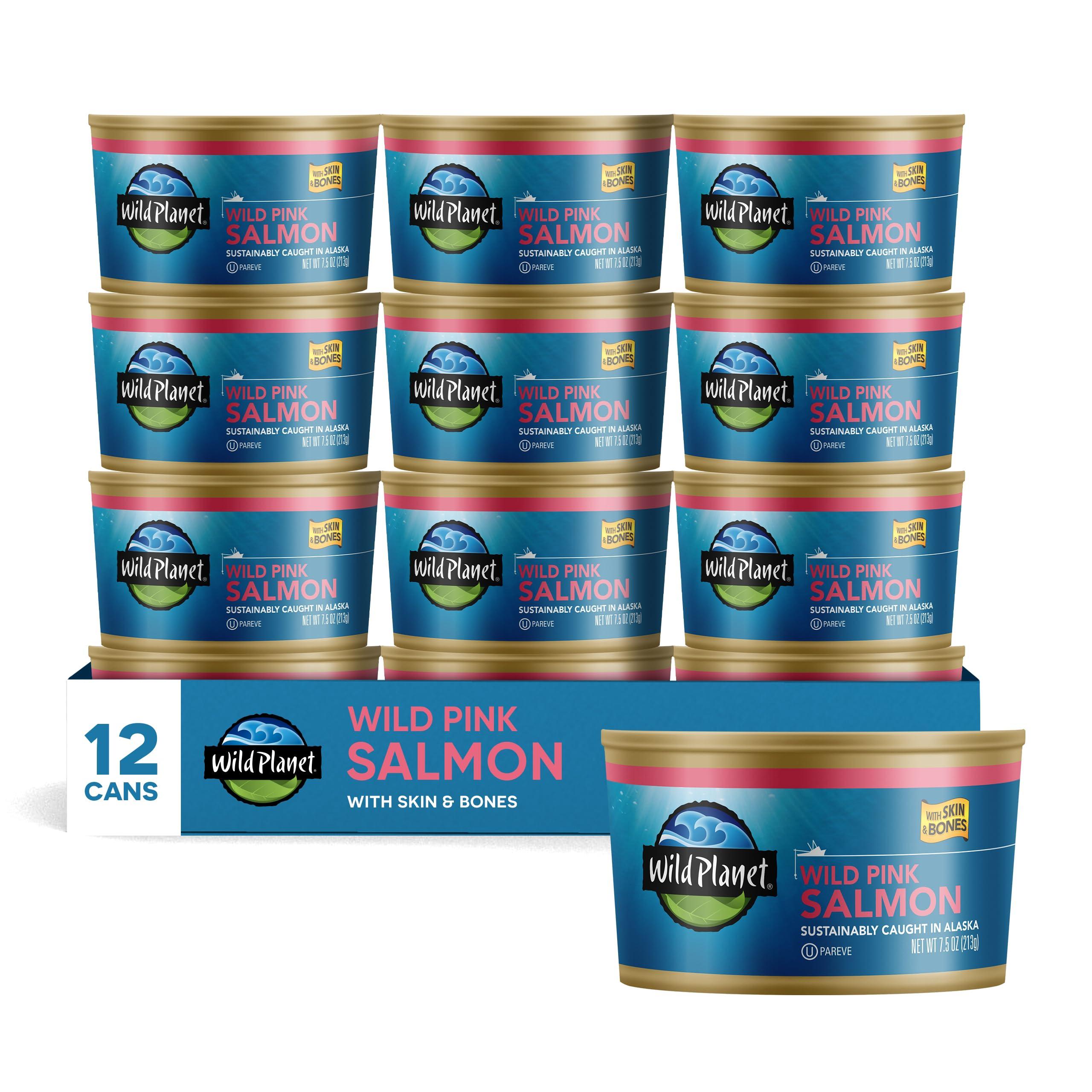 Wild Planet Wild Planet Wild Pink Salmon With Skin and Bones, Tinned Fish, Canned Salmon, Sustainably Caught, Non-GMO, Kosher, Gluten Free, Keto and Paleo, 7.5 Ounce (Pack Of 12)