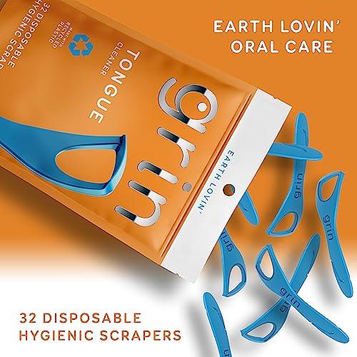 Grin GRIN Tongue Cleaner, 32 Count, Disposable Tongue Cleaner, Hygienic Scraper, Recycled Plastic, Clean Tongue, Promote Fresh Breath, Includes Safe Fold- Back Tooth Pick (Pack of 2)