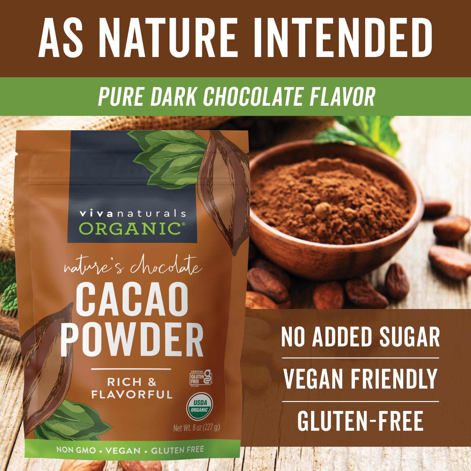 Viva Naturals Viva Naturals Organic Cacao Powder, 8 oz - Unsweetened Cocoa Powder With Rich Dark Chocolate Flavor, Perfect for Baking & Smoothies - Certified Vegan, Keto & Paleo, Non-GMO & Gluten-Free, 227 g