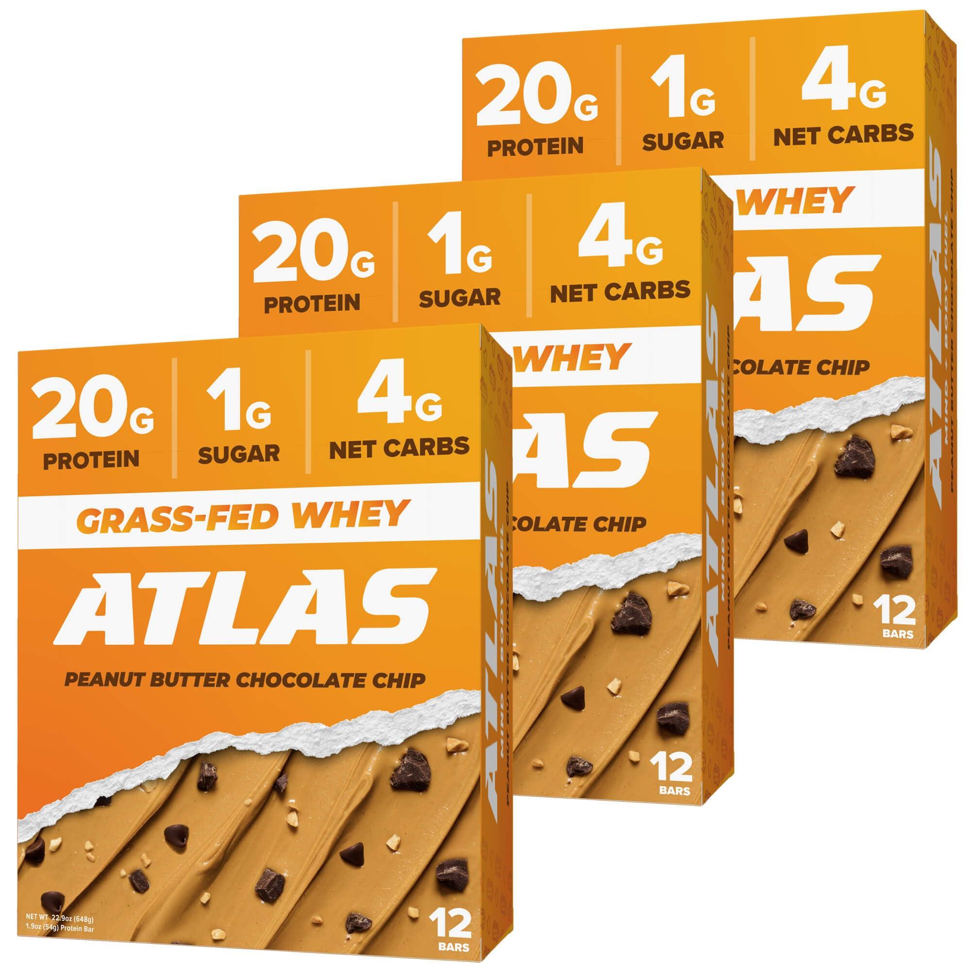 Atlas Protein Bar Atlas Protein Bar, 20g Protein, 1g Sugar, Clean Ingredients, Gluten Free, Peanut Butter Chocolate Chip (12 Count, Pack of 3)