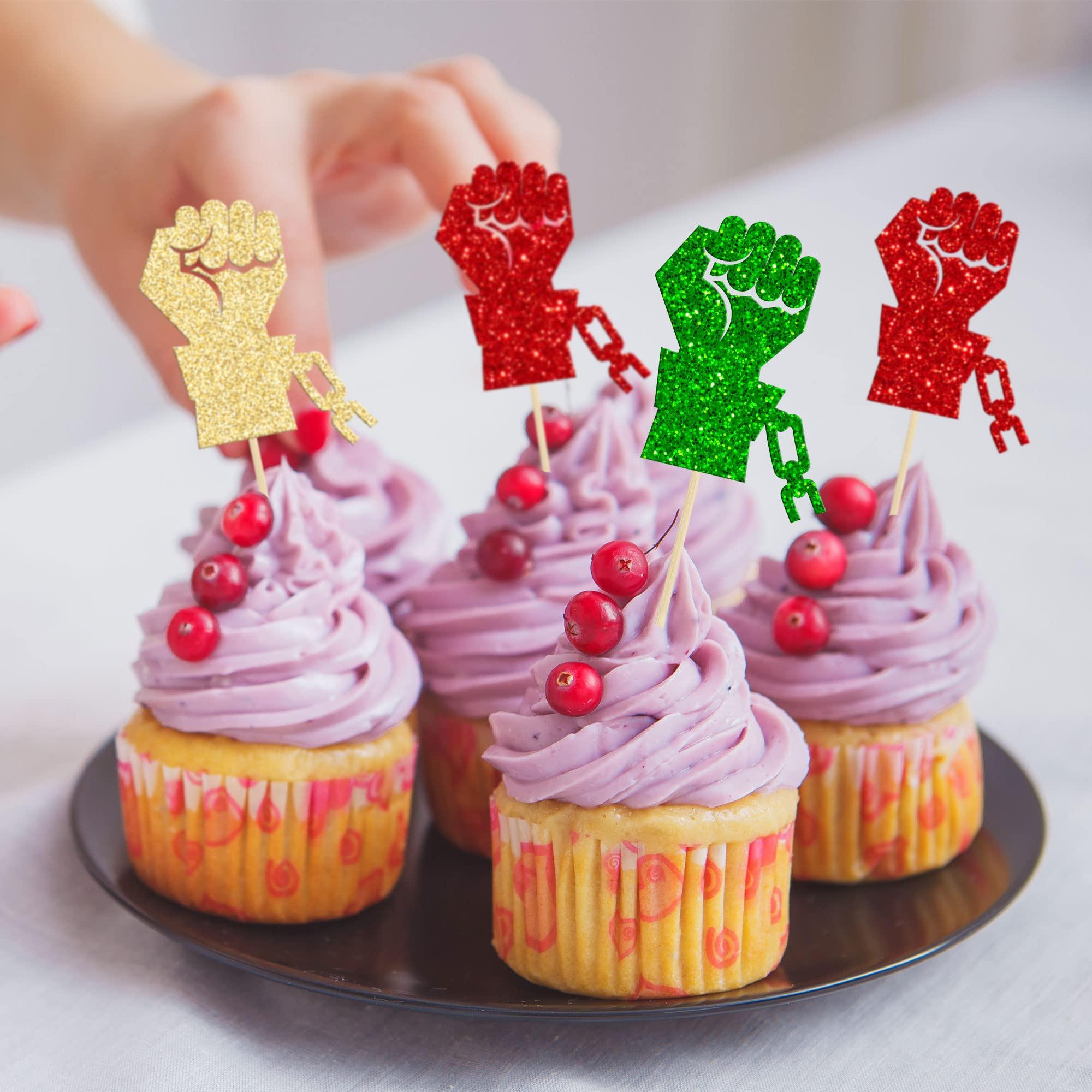 Gyufise Gyufise 24Pcs Happy Juneteenth Cupcake Toppers Juneteenth Fist Cupcake Toppers Glitter Black History Month Cake Decorations Juneteenth Decorations Happy Juneteenth Day Party Decorations