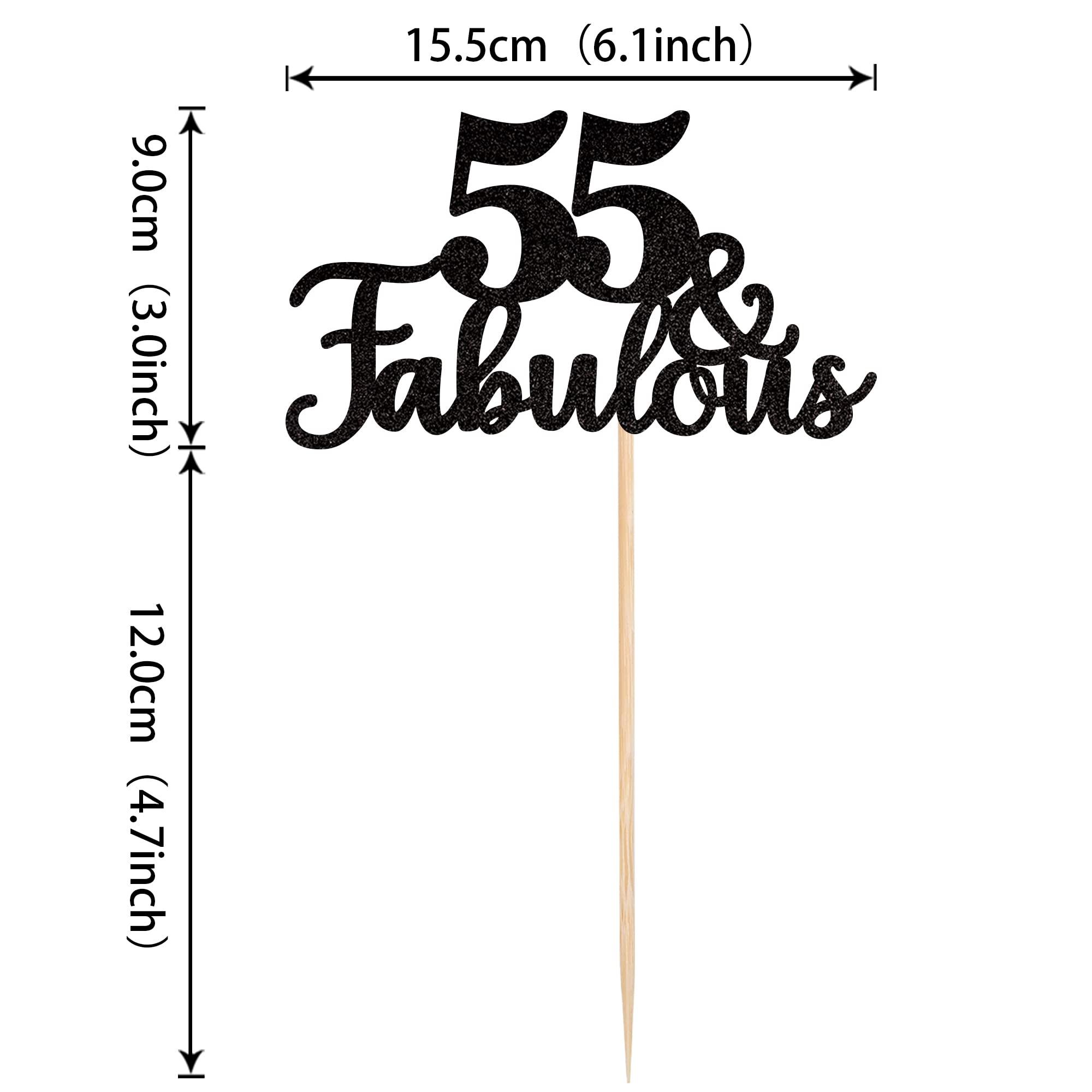 ZHUOWEISM 1 PCS 55 & Fabulous Cake Topper Glitter Fifty Five and Fabulous Cake Toppers Happy 55th Birthday Cake Pick for 55th Wedding Anniversary Birthday Party Cake Decorations Supplies Black