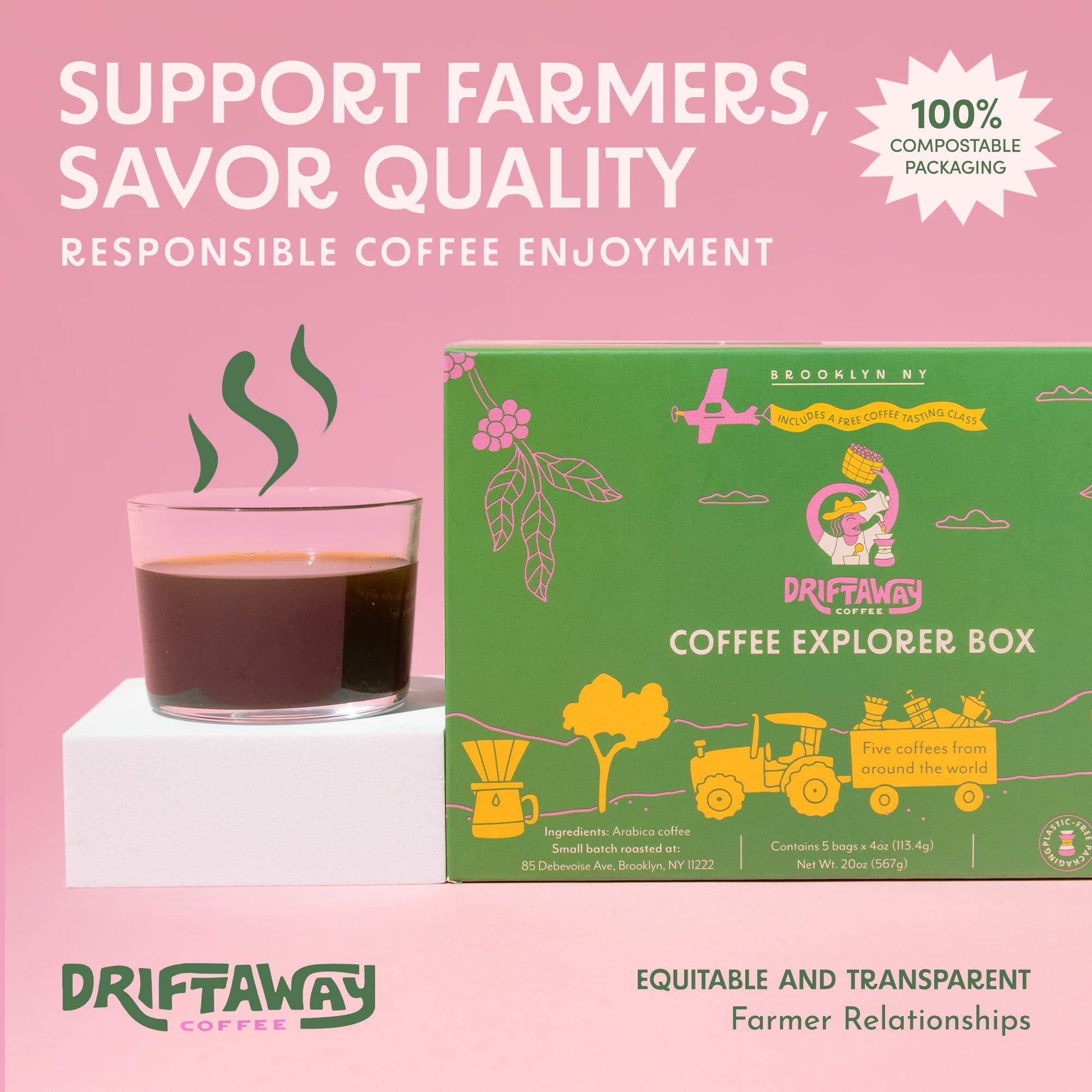 Driftaway Coffee Driftaway Coffee Explorer Box, 5 Pack Coffee Tasting Kit - Single-Origin Ground Coffee from Around the World - 5 Fresh Roasts - Sustainable Sourcing, Small-Scale Farmers - Gourmet Coffee Variety Gift (Drip Grind, 2 Ounce (Pack of 5))