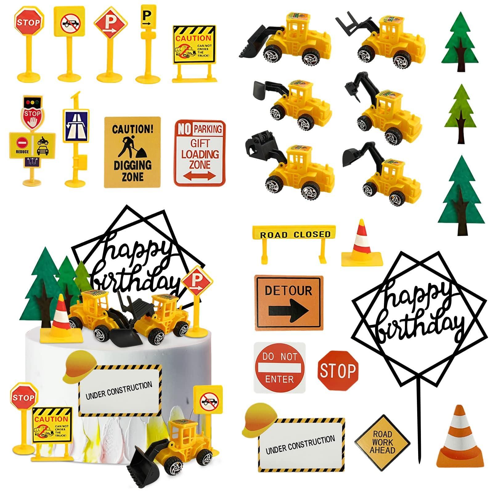 LEFUBABY 27 PCS Mini Construction Vehicles Cake Decoration Set Truck Road Sign Cake Toppers Construction Birthday Party Supplies