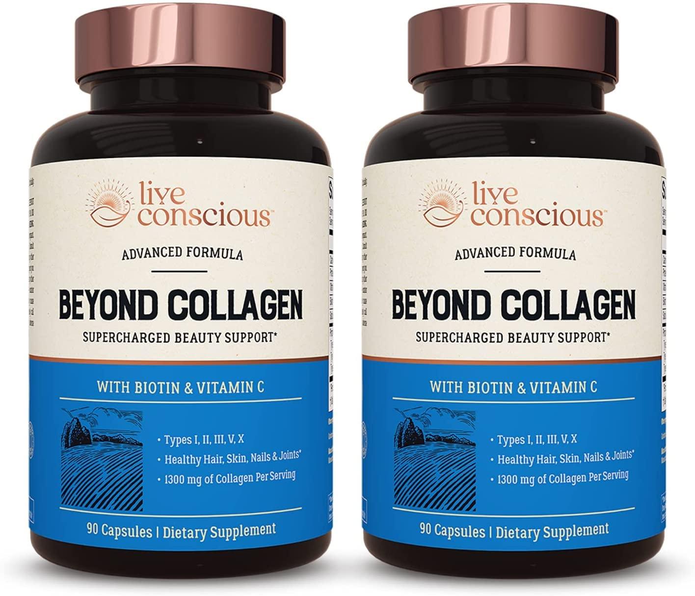 Live Conscious Live Conscious Beyond Collagen Multi Collagen Capsules - Types I, II, III, V & X | Hydrolyzed Blend with Biotin & Vitamin C for Hair, Skin, Nails 90 Capsules (2-Pack)
