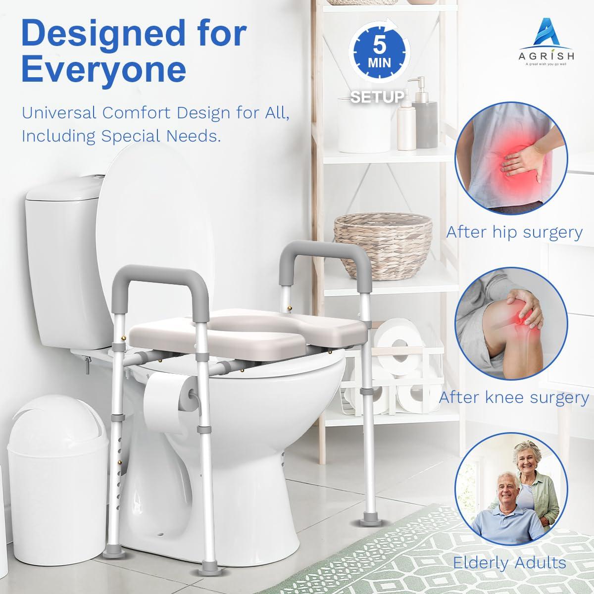 Agrish Agrish Raised Toilet Seat with Handles - Width and Height Adjustable Padded Toilet Seat Risers for Seniors, Bariatric, Handicap, Heavy Duty 350lbs Raised Toilet Seat, Fit Any Toilet