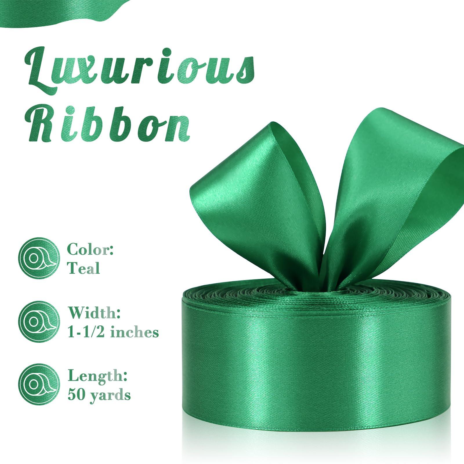 Sagaat Sagaat Teal Ribbon 1-1/2 Inch 50 Yards, Dark Green Satin Ribbon for Flower Bouquet, Crafts, Gift Wrapping, Bridal Invitations, Hair, Halloween, Christmas, Easter