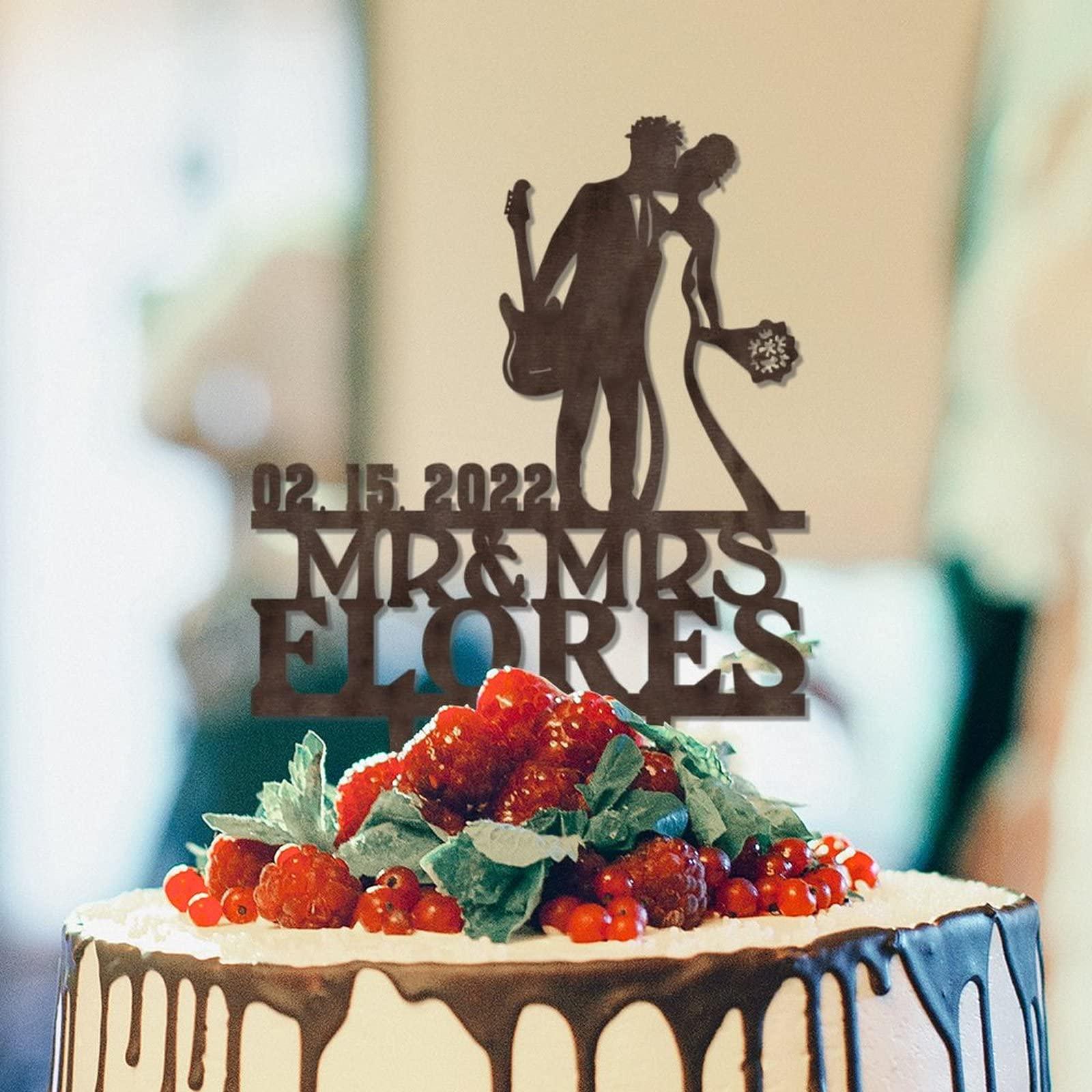 YJHLBHDIAN Mr and Mrs Cake Topper for Wedding Married Anniversary Cake Topper African American Couple Silhouette Musician Wedding Cake Topper Personalized Couple Last Name Cake Topper Wood Cake Toppers