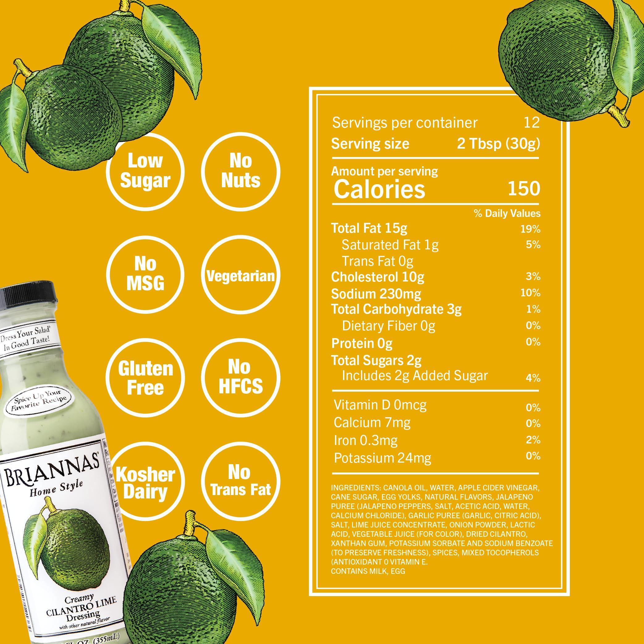 BRIANNAS BRIANNAS - Home Style Creamy Cilantro Lime Dressing Fine Salad Dressing made with Premium Ingredients - Gluten Free, Kosher, & Low Sugar - 12 oz. Bottle