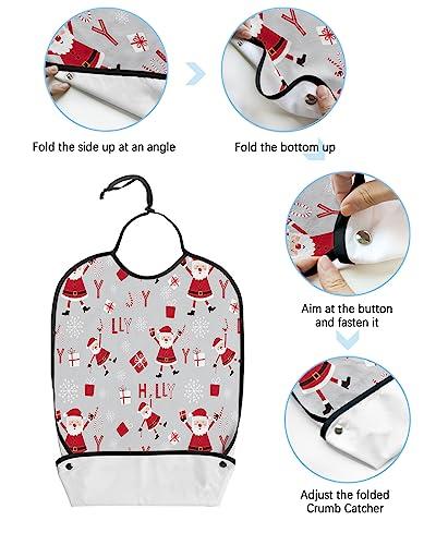 Sabolny Christmas Adult Bib for Eating with Crumb Catcher,Washable & Waterproof Terry Cloth Adjustable Elderly Women Men Adult Bibs Funny Clothing Protector Santa Snowflake Winter Xmas Gift Grey Red White