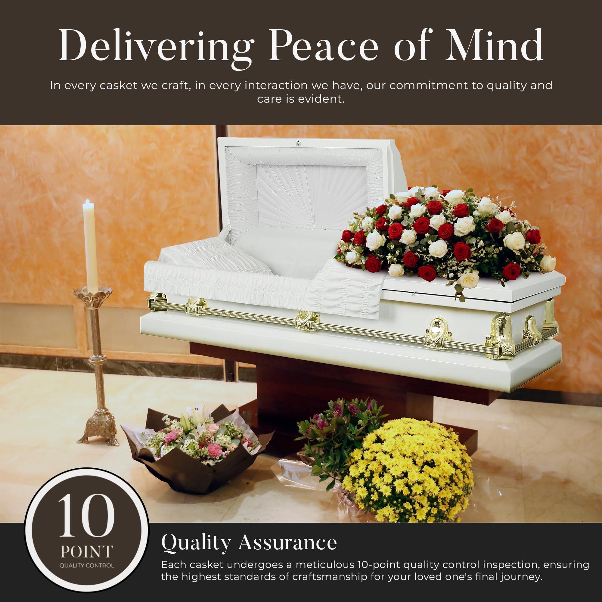 Overnight Caskets Overnight Caskets Spartan Collection Funeral Casket White with White Interior - 20 Gauge Steel - Fully Appointed Adult Casket - Coffin Featuring a Crepe Interior Lining with Pillow and Throw Set