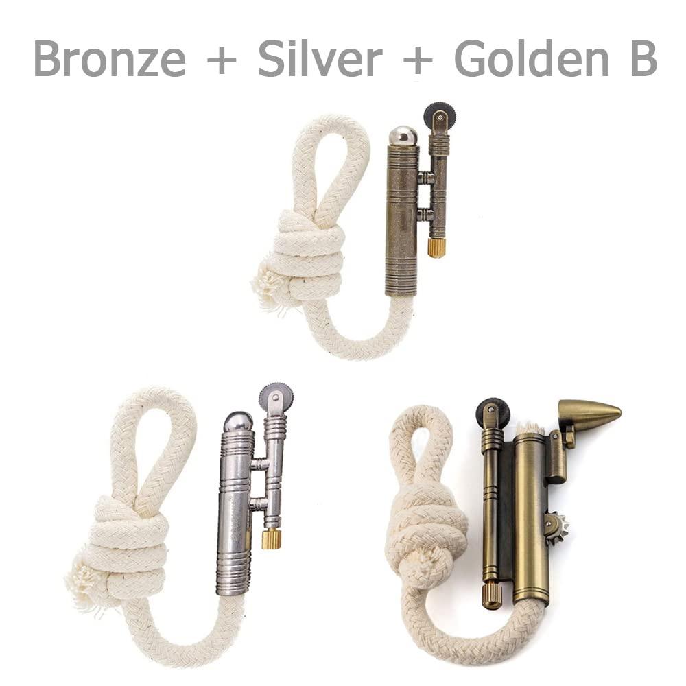 VAGILE 3PCS Windproof Rope Lighter Sailors Trench Vintage Lighter WWII Lighters Portable Survival Shepherds Lighter Outdoor Camping, No Need for Kerosene/Gas, Gifts Army Navy (Bronze + Silver + Golden B)