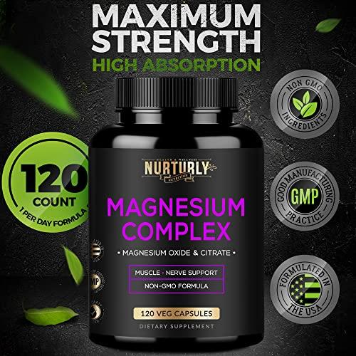 NURTURLY Magnesium Citrate & Oxide 500mg Complex Supplement - High Absorption Maximum Strength - Helps Support Bone Density and Strength, Muscles, Energy and Sleep - 360 Vegan Capsules