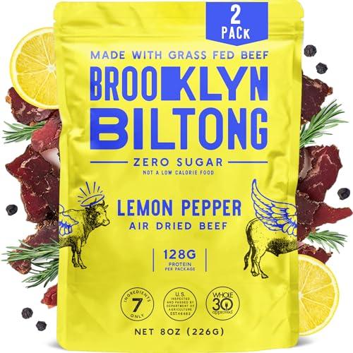 Brooklyn Biltong Brooklyn Biltong Air Dried Grass Fed Beef Snack, South African Beef Jerky (8oz, Pack of 2) - Whole30 Approved, Paleo, Keto, Gluten Free, Sugar Free, Made in USA - (Lemon Pepper)
