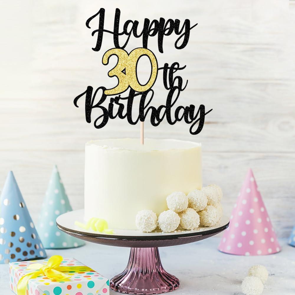 Auteby Auteby Happy 30th Birthday Cake Topper Black Gold Glitter Happy Birthday Cake Topper Cake Pick 30 Fabulous Cake Decoration for Happy 30th Birthday Theme Party Decorations Supplies (Black Gold, 30)