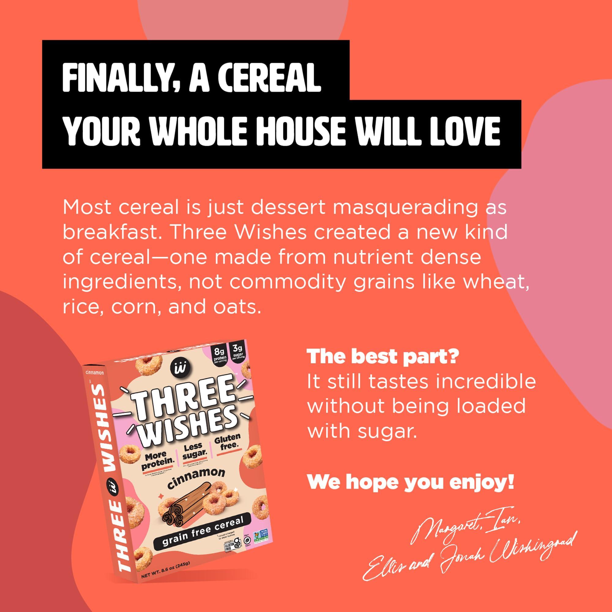 Three Wishes Plant-Based and Vegan Breakfast Cereal by Three Wishes - Cinnamon, 1 Pack - More Protein and Less Sugar Snack - Gluten-Free, Grain-Free - Non-GMO