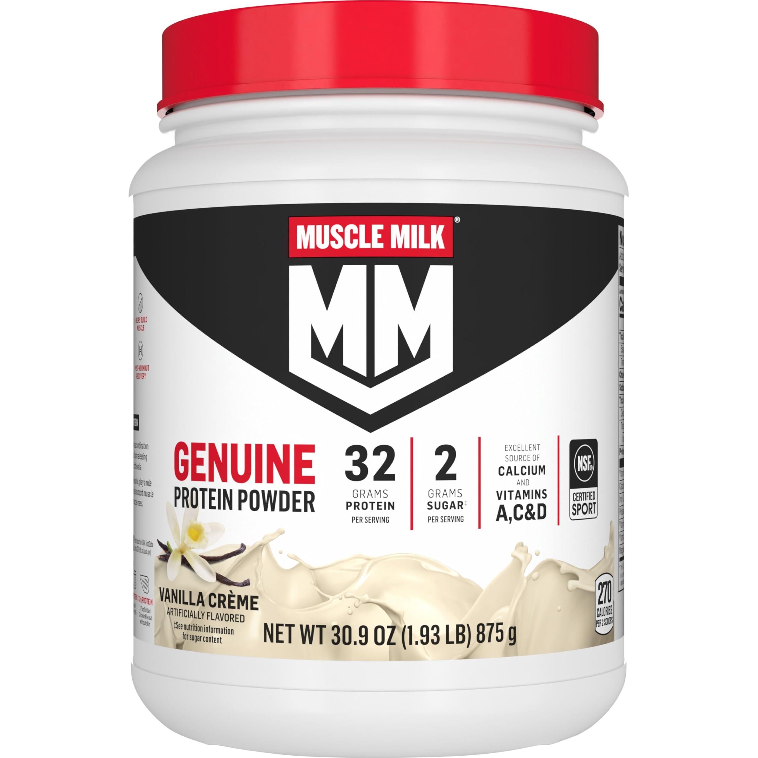 Muscle Milk Muscle Milk Genuine Protein Powder, Vanilla Crème, 1.93 Pounds, 12 Servings, 32g Protein, 2g Sugar, Calcium, Vitamins A, C & D, NSF Certified for Sport, Energizing Snack, Packaging May Vary