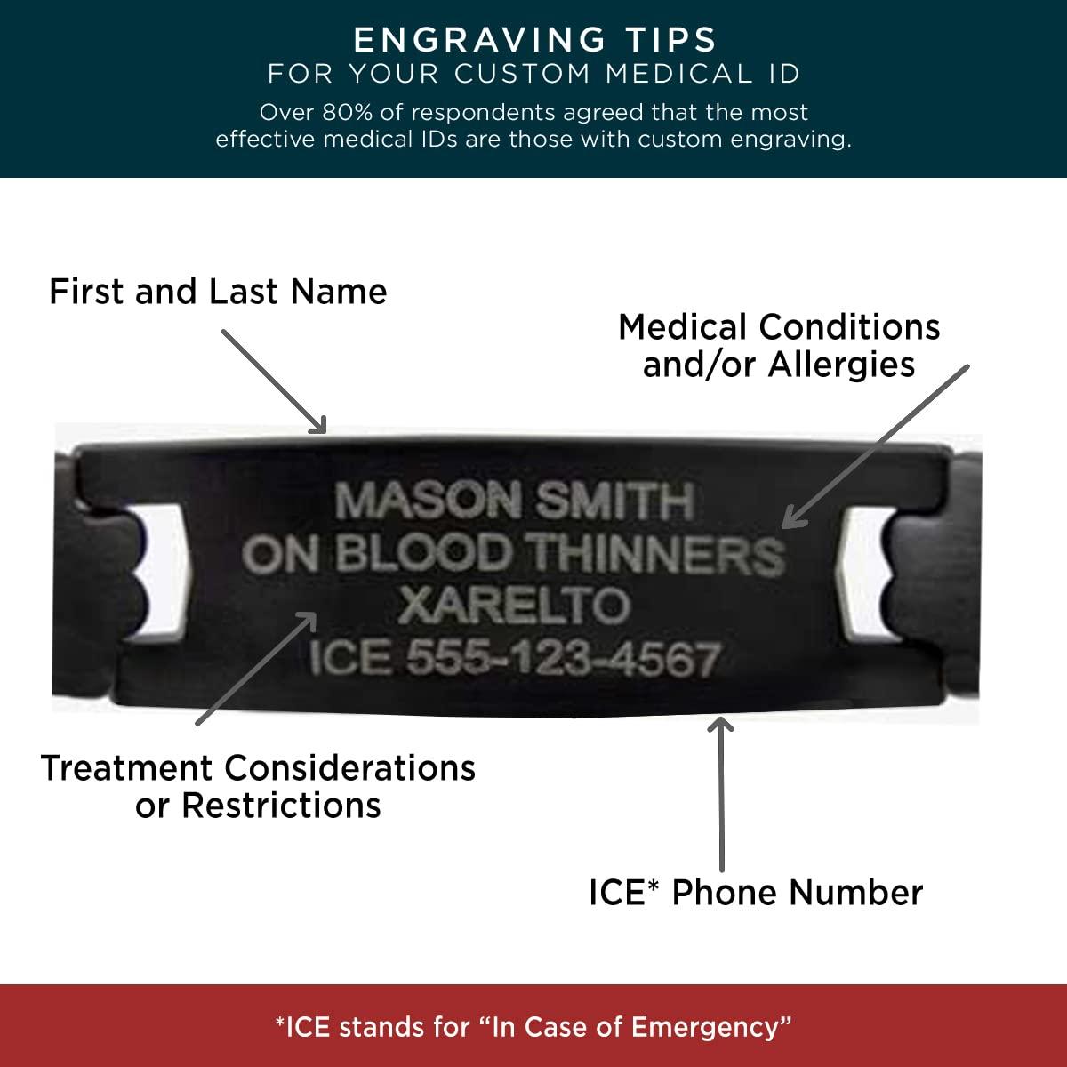 Lauren\'s Hope Lauren\'s Hope Durable Steel Medical Alert ID Bracelet for Men and Women, Custom Engraved, Diabetes, Pacemaker, Heart Disease, Medical ID (7 inches, Black and Silver)