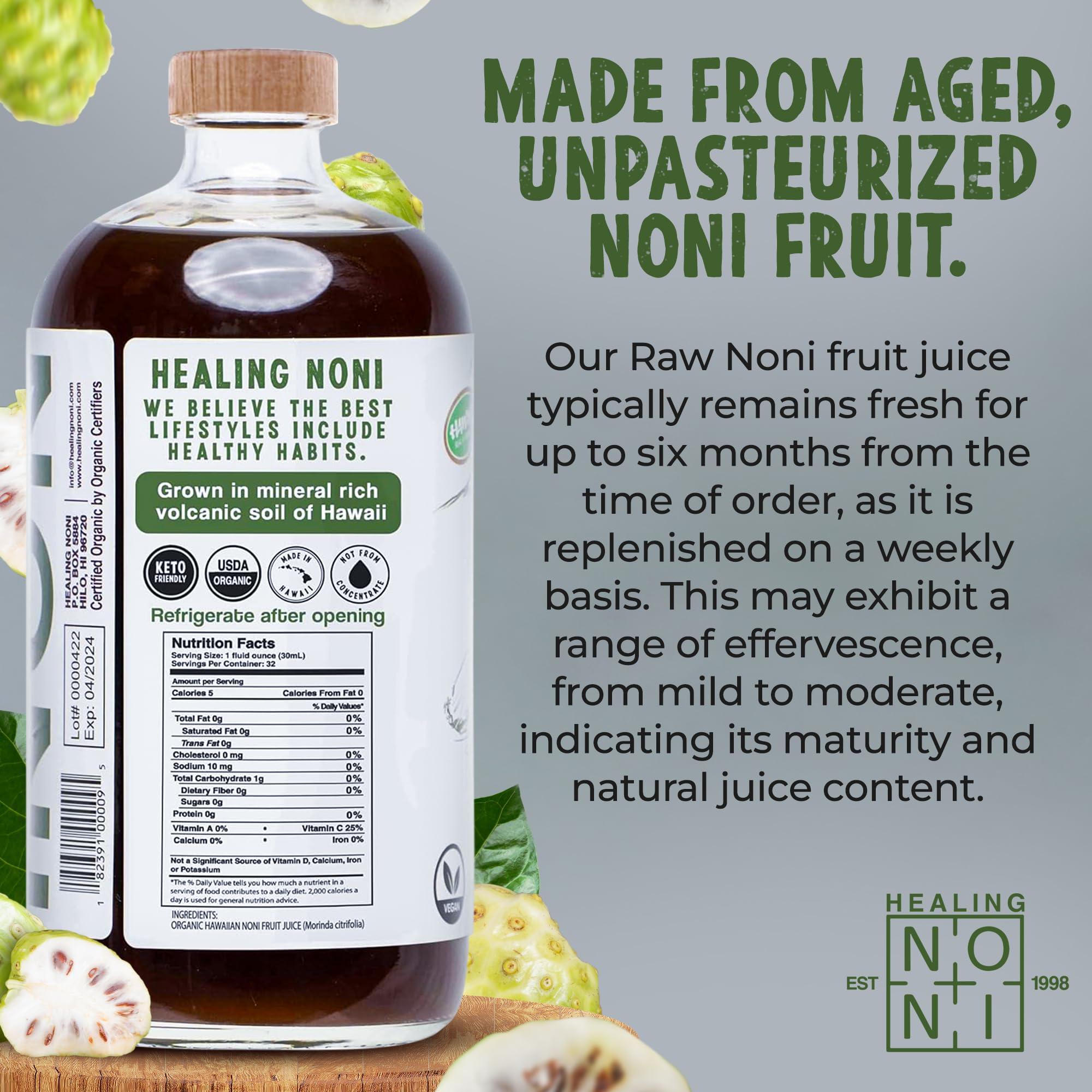 Healing Noni Healing Noni - Sparkling RAW Organic Noni Juice - 1 Pack Glass Bottle 32oz - All-Natural Unsweetened Fresh Fruit - Farm Direct - USDA Certified