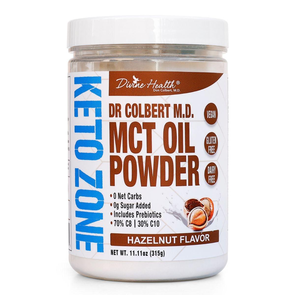 Divine Health Dr. Colbert MD MCT Oil Powder | Hazelnut Flavor | by Divine Health | Recommended in The Keto Zone Diet book | 70% C8 | 30% C10 | 0 Net Carbs | Alternative to Coffee Creamer | 315g