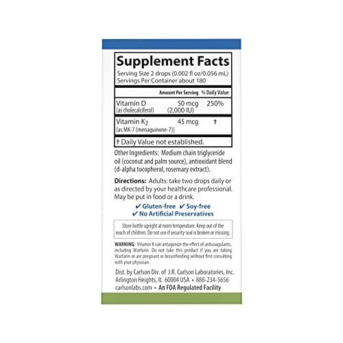 Carlson Carlson Super Daily D3 + K2, 50 mcg D3 + 45 mcg MK-7, Heart & Bone Health, 360 Liquid Drops, 10.16 ml