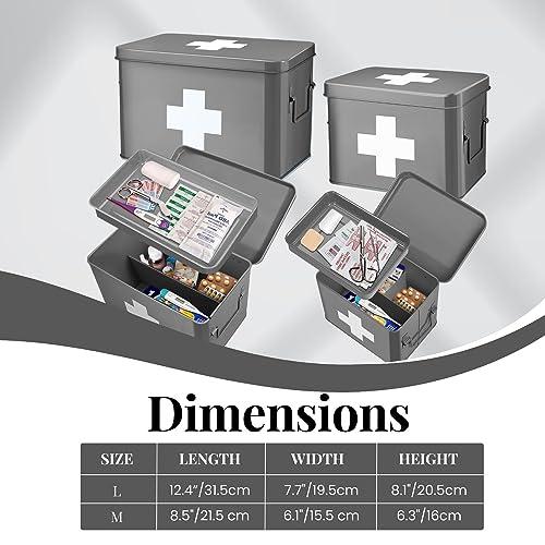 Flexzion Flexzion First Aid Box Organizer, Empty 8.5 Inch Gray Vintage First Aid Kit Tin Metal Medical Box First Aid Storage Box Container Bins with Dividers, Removable Tray and Cross Logo
