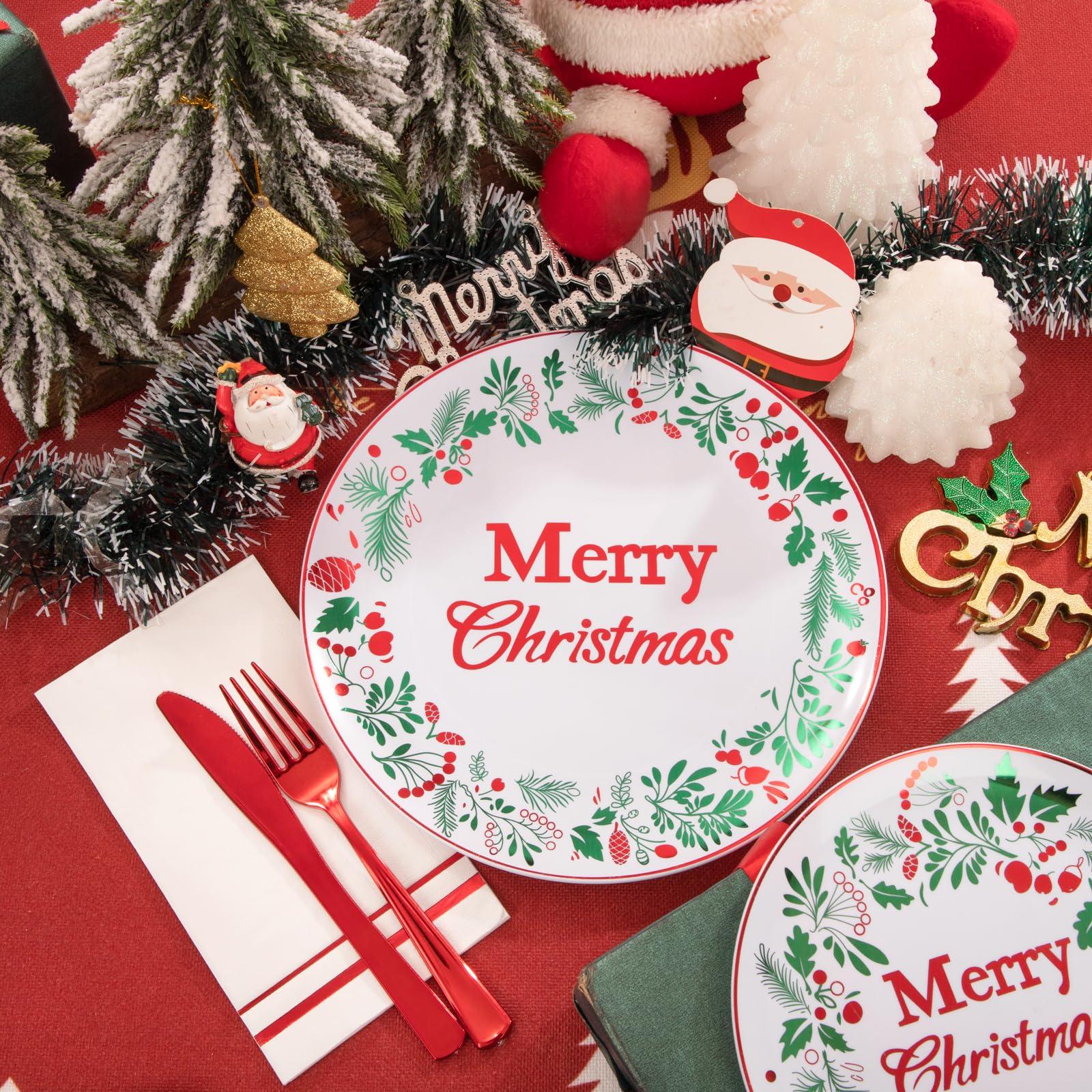 bUCLA bUCLA 175PCS Christmas Plates Dinnerware Set - Green and Red Christmas Plastic Plates and Napkins Disposable Include 25 Dinner Plates,25 Dessert Plates,75 Cutlery,25 Cups&25 Napkins