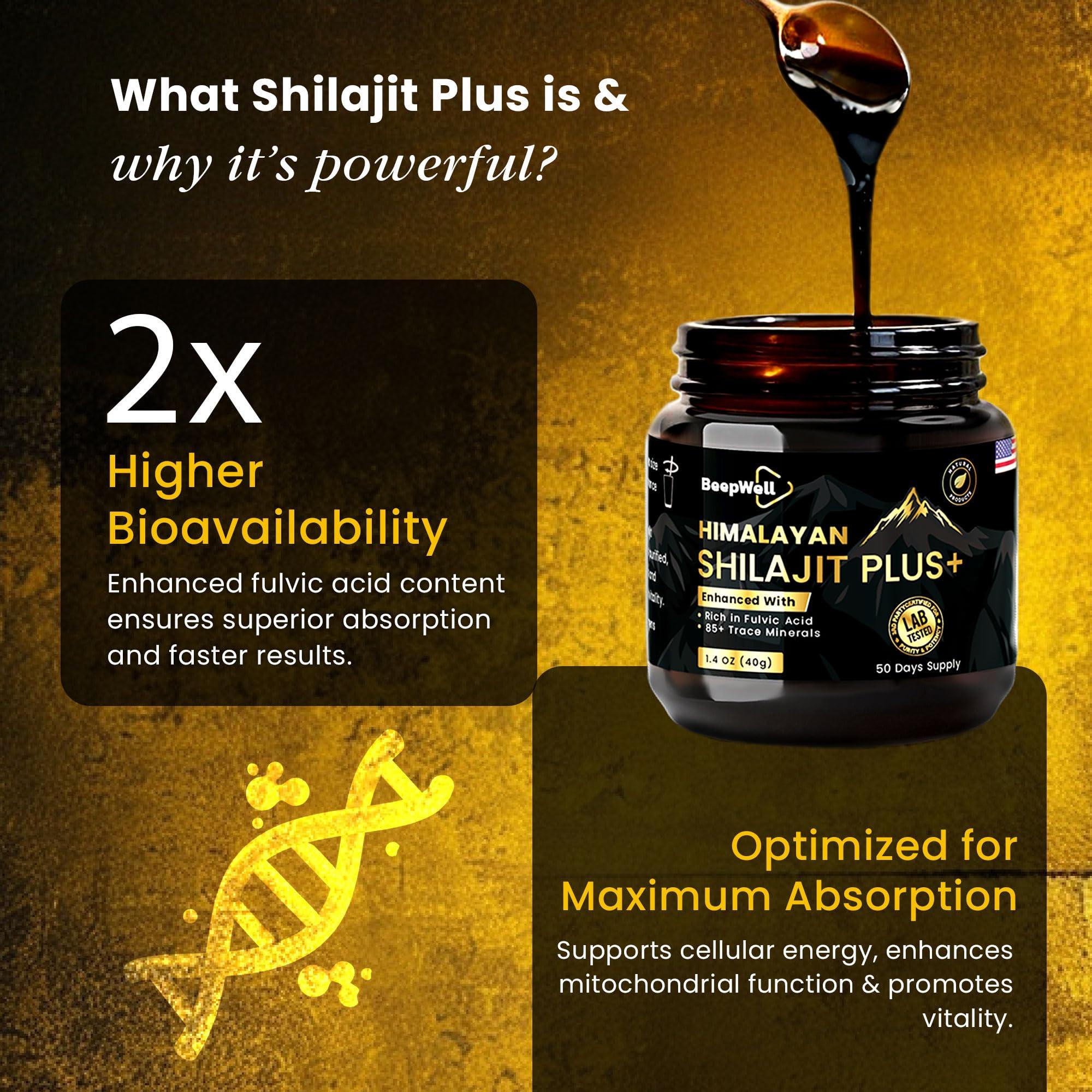 BeepWell BeepWell Shilajit Resin Himalayan Pure Natural Ashwagandha Maca Root Black Pepper Authentic Chilajil Men Women Gold Ayurvedic, 72% Fulvic Acid 85+ Trace Minerals, 50 Servings, 40 Grams
