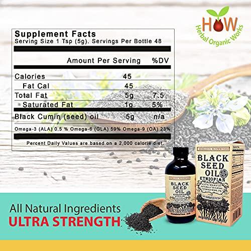 Herbal Organic Works Black Seed Oil 8oz. 100% Ethiopian Pure Black Cumin Seed Oil, 100% Natural Nigella Sativa. 3 Times More Thymoquinone, Cold Pressed in Glass Bottle