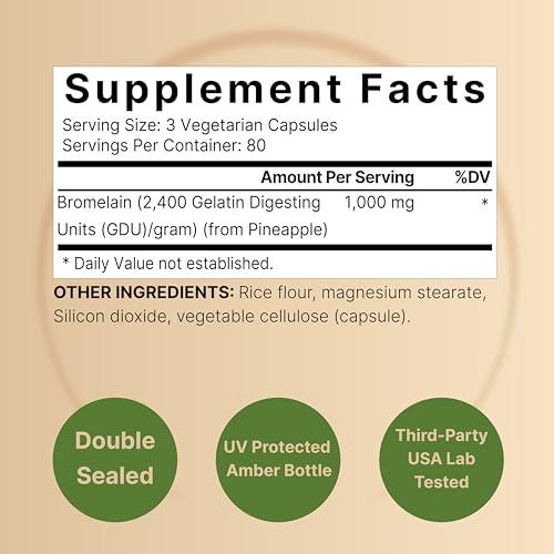 NatureBell NatureBell Bromelain, 1,000mg Per Serving, 240 Veggie Capsules | 2,400 GDU Digestive Enzymes & Joint Support Supplement Proteolytic Enzymes for Digestion, Fresh Pineapple Source Non-GMO