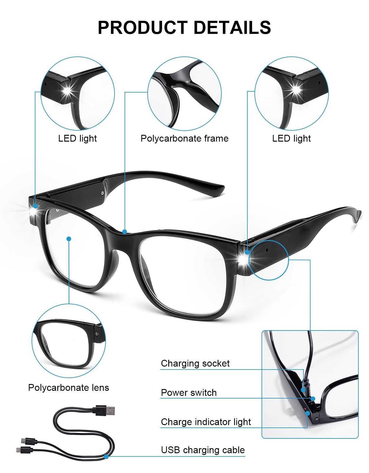 OKH OKH Magnifying Glasses for Close Work With Light Up Reading Glasses with Light, Rechargeable LED Lighted Reading Glasses, Anti Blue Light, Bright Clear Vision Unisex, Square+3.0x