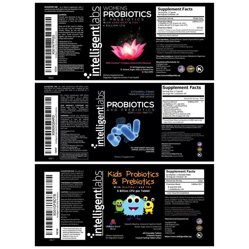 Intelligent Labs Intelligent Labs 3-in-1 Probiotics with Prebiotics Bundle for The Whole Family: Kids + Adult 50 Billion CFU + Womens Probiotics, No Refrigeration Needed, 2 Months Supply Per Bottle