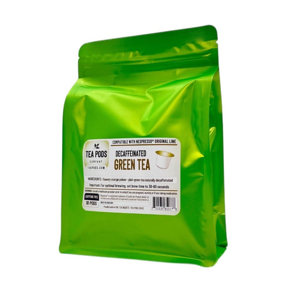 TEA BOQUETE DECAF Green tea pods compatible with Nespresso OriginalLine, single-serve decaffeinated tea capsules for use with coffee brewing machines - Pack of 18 pods