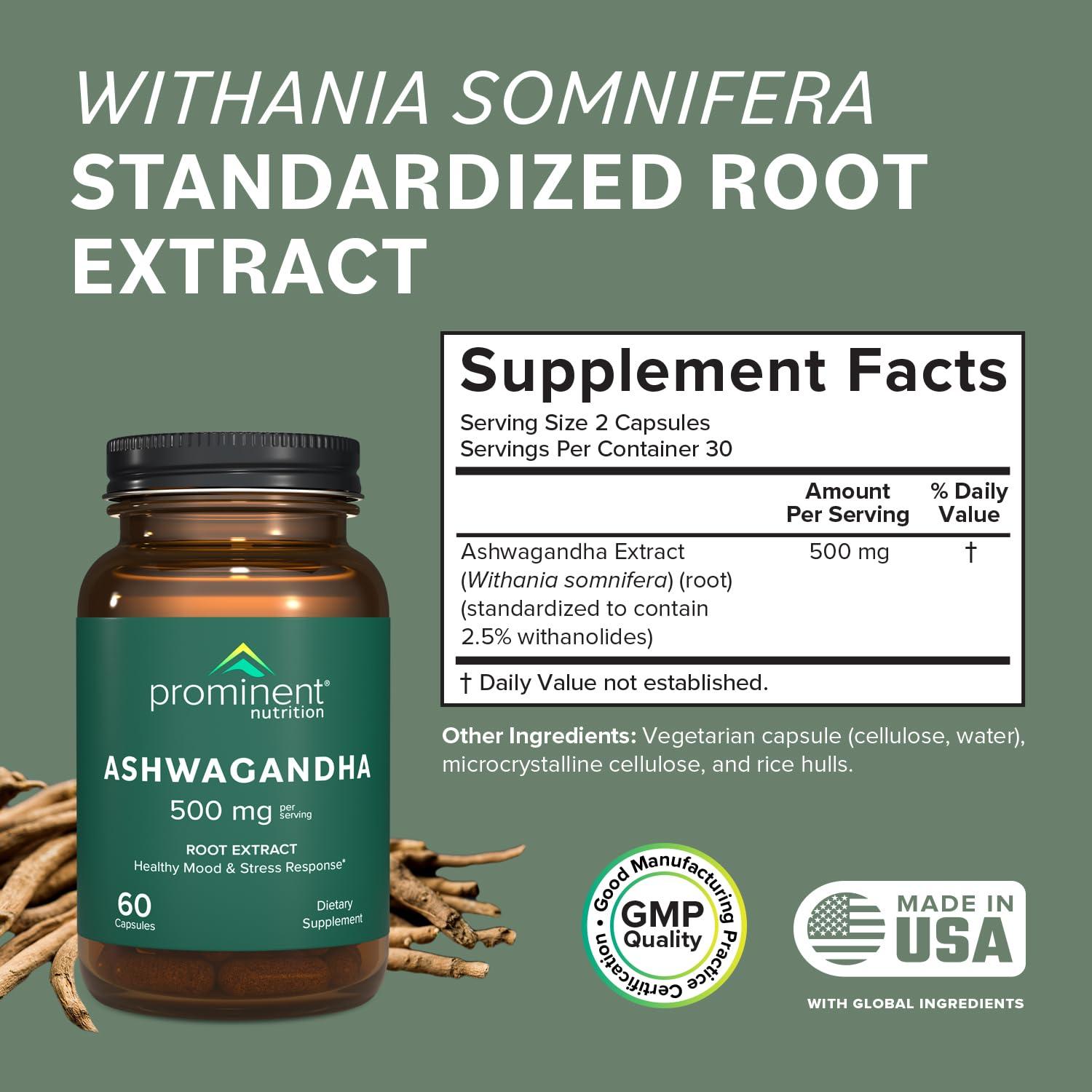 Prominent Nutrition Prominent Nutrition Ashwagandha Supplement, Clinically Researched Shagandha Root Extract for Healthy Mood and Stress Support, Standardized to 2.5% Withanolides, 500 mg, 60 Vegan Capsules