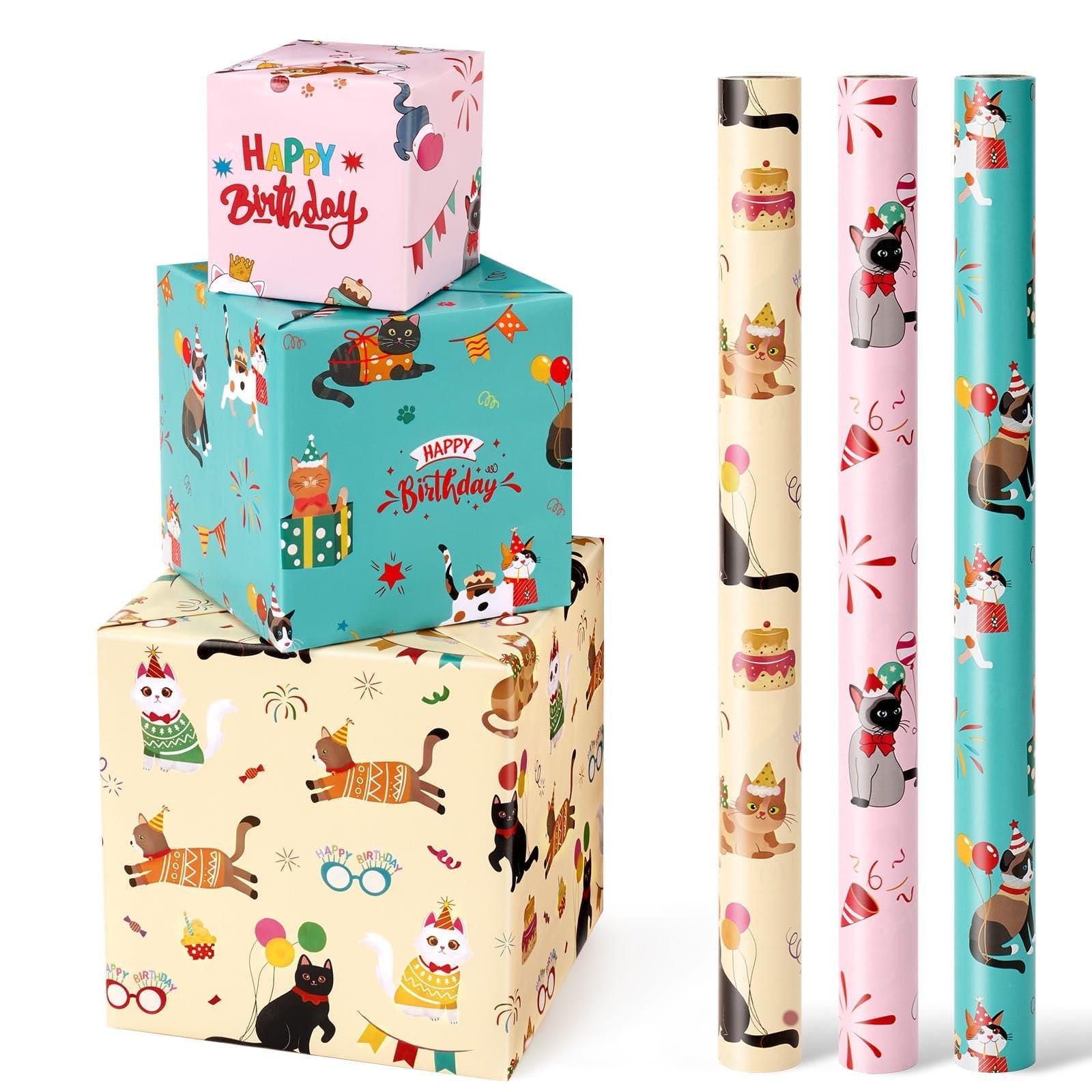 WERNNSAI WERNNSAI Cat Wrapping Paper Rolls - 3 Rolls 17 x 120 Birthday Wrapping Paper Rolls Cat Birthday Gift Wrap Paper Girls Wrapping Paper Rolls Kitten Wrapping Paper Bday Gift Wrap Paper with Cutting Lines 10ft