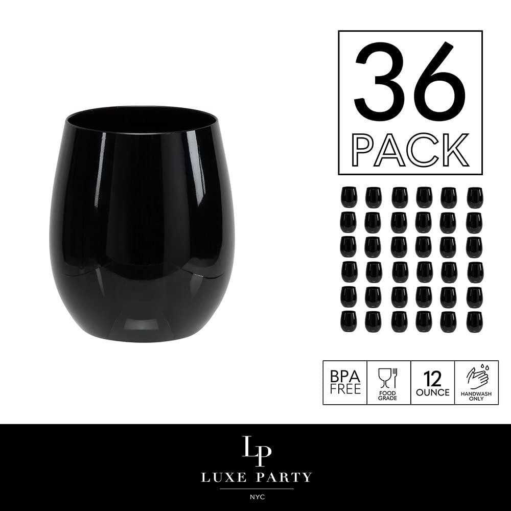 LUXE PARTY LUXE PARTY 36 Stemless Wine Glass Plastic, 12oz Black Plastic Wine Glasses For Parties Disposable Party Cups, Plastic Wine Cups, Wine Glasses Plastic Disposable Plastic Wine Tumbler
