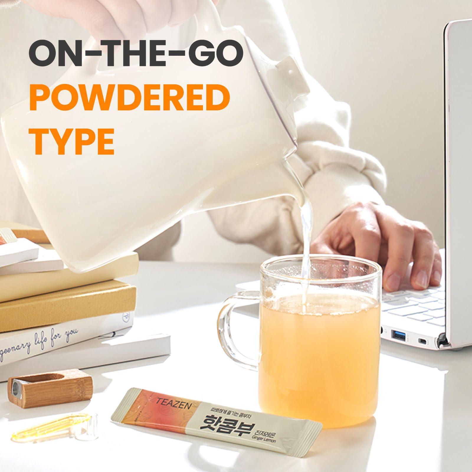 TEAZEN TEAZEN Lemon Ginger Hot Kombucha Tea, Live Probiotics & Postbiotics, Relaxation and Warmth for Colds and Sore Throat, Hydration Drink Mix, Sugar Free, 30 Sticks, 5.29oz